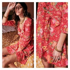 Sezane Asianne red floral ruffle wrap mini dress size 34